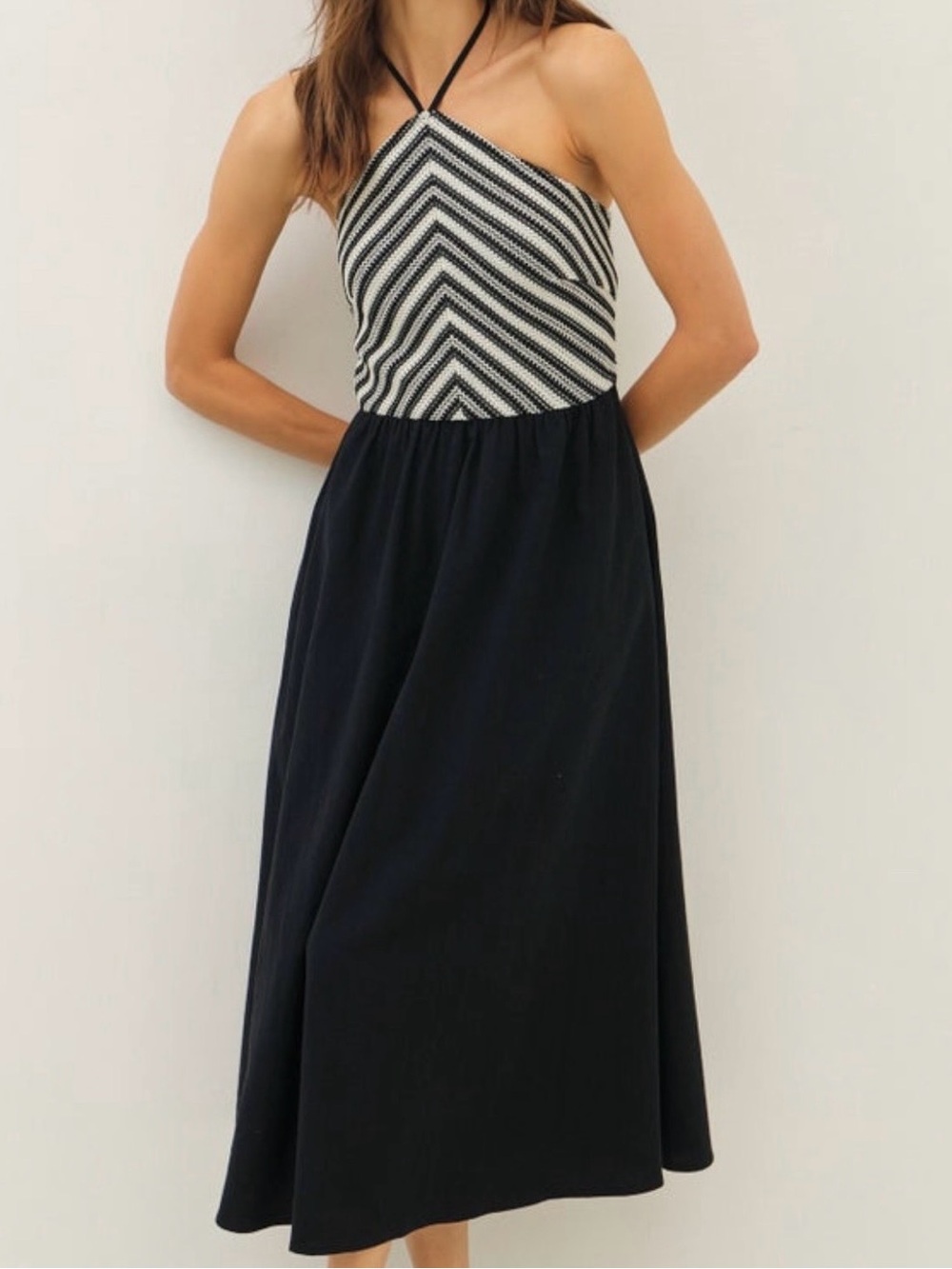 Striped Halter Midi Dress in Black and White